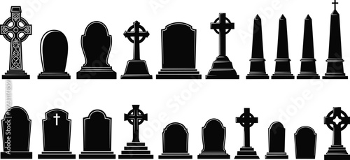 Cemetery headstone silhouettes set, gravestone and tombstone icons collection, memorial monument cad drawing, flat vector illustration isolated on white, spooky.