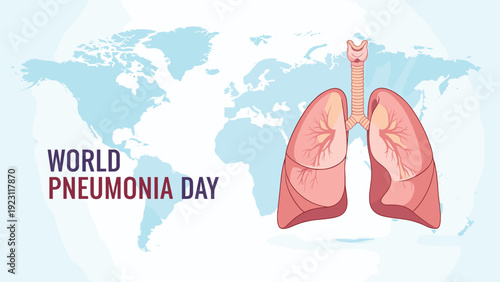Awareness poster for world pneumonia day featuring a detailed illustration of human lungs over a light blue world map background with text.