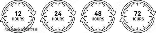 Delivery time clock icon set with 12 24 48 and 72 hours symbols representing shipping schedule service duration and business timing concepts