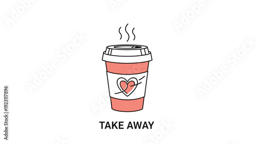 Simple illustration of a salmon colored take away coffee cup with a heart icon and steam on a plain white background with title text.