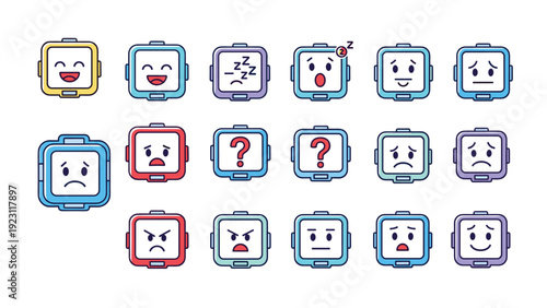 Large collection of colorful square robot face icons displaying a wide variety of emotions and expressions from happy to angry and sad.