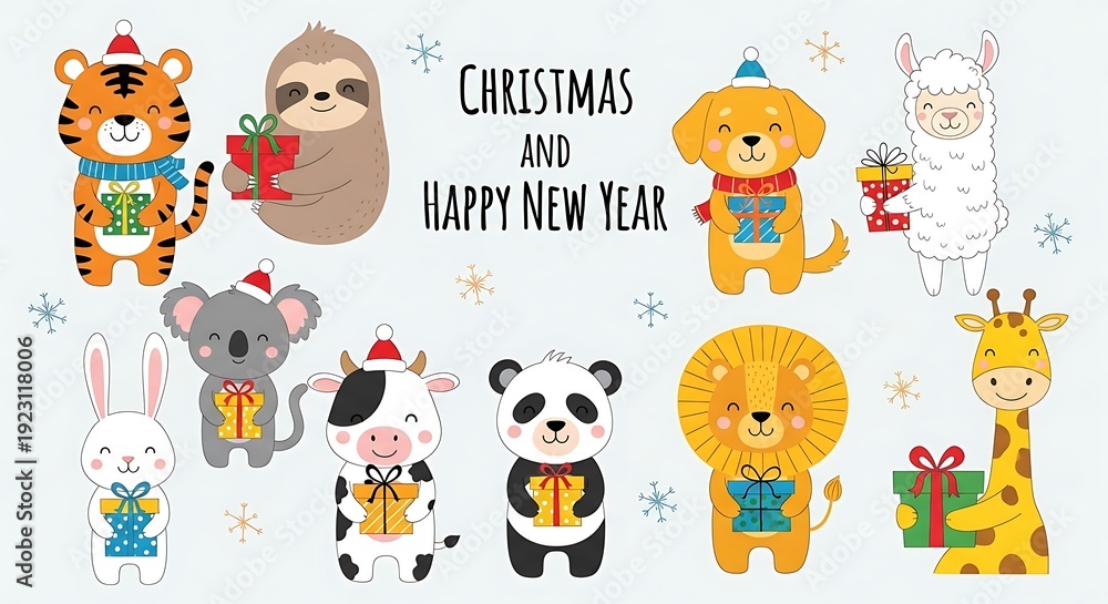 Fototapeta premium Cartoon Animals Celebrating Christmas and New Year.
