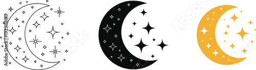 Crescent moon with stars icon set in multiple styles representing night sky astronomy dream fantasy sleep theme and celestial design elements