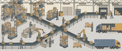 Modern logistics fulfillment center illustration with automated conveyor belts, robotic arms, warehouse workers, storage shelves, and delivery trucks for efficient supply chain management.