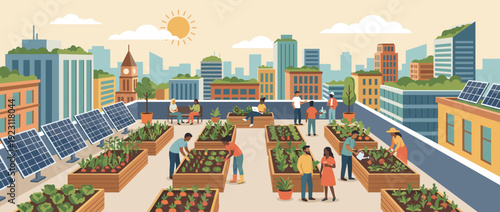 Sustainable Rooftop Urban Garden in a City Skyline with People Gardening in Raised Beds, Solar Panels for Renewable Energy, and Eco-Friendly Community Farming, Flat Vector Illustration Concept