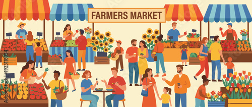 Vibrant flat vector illustration of a bustling outdoor farmers market with colorful stalls, fresh organic produce, flowers, and diverse people shopping, eating, and socializing together.