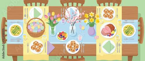 Flat vector illustration of a traditional Easter brunch table setting featuring decorated eggs in a basket, spring flowers like tulips and daffodils, hot cross buns, ham, and asparagus quiche.