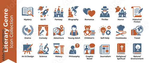 Literary Genre and Book Category Icon Set. 24 Flat Vector Icons for Mystery, Sci-Fi, Fantasy, Biography, Romance, Thriller, Horror, Drama, Comedy, Adventure, Young Adult, Children's, Travel, Science.