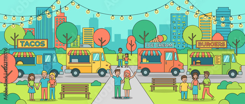 Flat Vector Illustration of a Modern Food Truck Festival in a Vibrant City Park with String Lights, Cheerful People, Diverse Food Vendors, Tacos, Burgers, Ice Cream, and Urban Skyline Background
