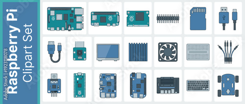 Raspberry Pi and Single Board Computer Vector Icon Set Featuring 20 Flat Design Items: Boards, Pico, Zero, SD Card, USB Cables, HDMI, Camera, Screen, Heatsink, Fan, Breadboard, Sensors, and Robot.