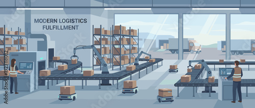 Flat vector illustration of a modern logistics fulfillment center with automated conveyor belts, robotic arms, AGV delivery robots, and professional staff managing smart warehouse operations.