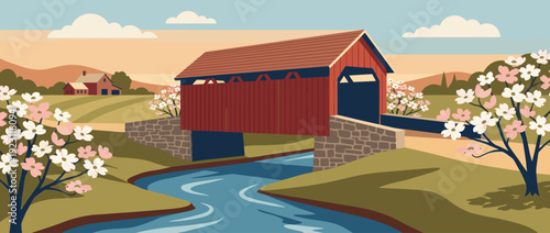 Flat Vector Illustration of a Scenic Red Covered Bridge Over a Blue Stream Surrounded by Blooming Pink and White Dogwood Trees in a Rural Spring Landscape with a Farmhouse and Rolling Hills