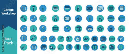 36 Garage workshop and tool organization vector icons in flat design. Features maintenance equipment like hammers, wrenches, screwdrivers, pliers, drills, toolboxes, workbenches, and storage.