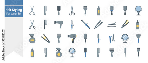 Flat Vector Icon Set of 30 Hair Styling and Salon Tools. Professional Barber and Hairdresser Equipment Including Scissors, Combs, Brushes, Hair Dryers, Curling Irons, Flat Irons, and Beauty Mirrors.
