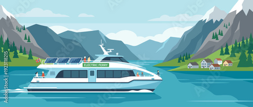 Flat vector illustration of a sustainable electric ferry with solar panels crossing a scenic fjord in Norway, featuring majestic mountains, a coastal village, and clean green transportation.