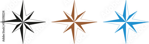 Compass wind rose star icon set in multiple colors representing navigation direction travel map symbol and nautical exploration design elements