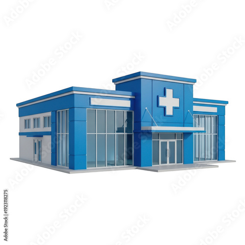 Modern hospital building with blue exterior and medical symbols on the facade
