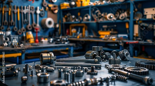 A photo of car parts on a mechanic's workbench.