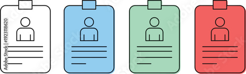 User profile ID card icon set in multiple colors representing identification badge employee resume document and personal information interface design elements