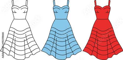 Elegant women dress vector icon set in multiple colors featuring fashion clothing apparel design for boutique style outfit and modern garment concepts