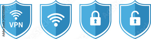 Cyber security shield icon set with VPN wifi and lock symbols representing data protection privacy encryption and secure internet connection concepts