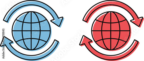 Global sync arrows around earth globe icon set representing worldwide connection internet communication data exchange and network refresh concepts