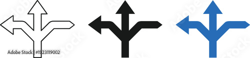 Direction choice arrow icon set with three way navigation symbol representing decision making pathway options roadmap and strategy planning concepts