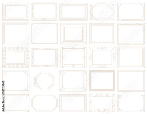 Collection of elegant golden art deco frames, borders, and design elements in vector format, luxury 1920s style geometric ornaments for wedding invitations and premium branding.