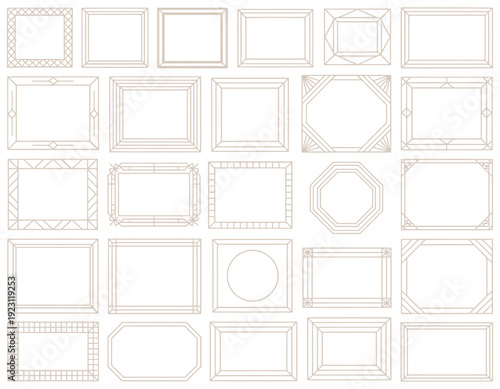 Collection of elegant golden art deco frames, borders, and design elements in vector format, luxury 1920s style geometric ornaments for wedding invitations and premium branding.