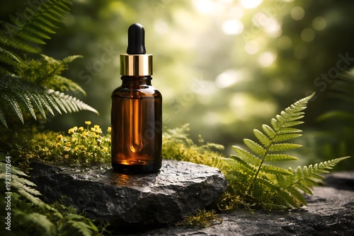 Natural essential oil or serum in an elegant amber glass dropper bottle displayed on a wet rock surrounded by lush green foliage.