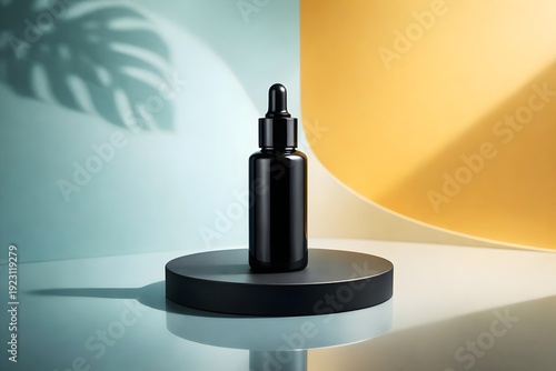 Elegant black dropper bottle with a sleek design on a minimalist podium, perfect for cosmetic product displays, serums, or essential oils.
