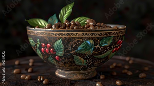 A photo of coffee beans in a ceramic bowl.