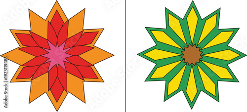 Colorful geometric star mandala vector set with layered floral shapes representing decorative ornament ethnic pattern design and abstract symmetry artwork