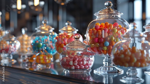 A photo of colorful candy in glass jars