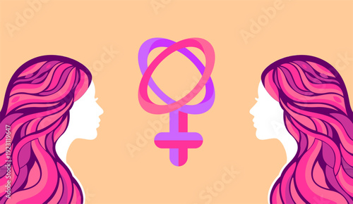 International Women’s Day Concept with Two Women Profiles and Female Gender Symbol Vector Illustration 