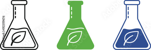 Green chemistry laboratory flask icons with leaf symbol in multiple styles representing eco science research sustainability biotechnology and environmental innovation concepts