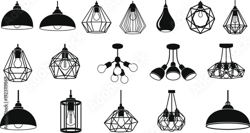Black Silhouette Set of Modern Pendant Lamps Chandeliers and Hanging Light Fixtures for Interior Home Decor and Industrial Ceiling Lighting Design Vector Elements