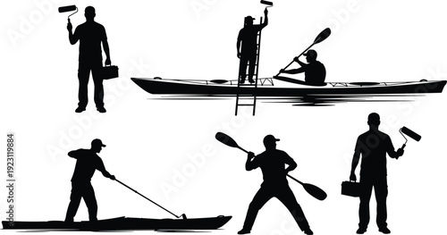 Black Silhouette Set of People Painting with Rollers and Kayaking in Boats for Home Renovation Maintenance and Outdoor Summer Recreation Activities Vector Illustration