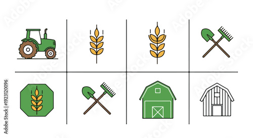 Flat lay composition of farm icons including tractor, wheat, tools and barn on white background.