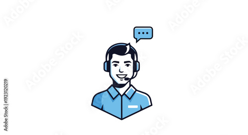 Illustration of a smiling man wearing a headset with a speech bubble against a clean white background.