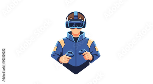 Illustration of a person wearing a blue jacket and virtual reality headset with controllers, on a white background.