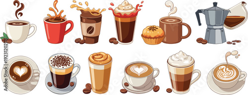 Coffee drinks and brewing methods collection with latte art, espresso, takeaway cup and moka pot vector illustration set