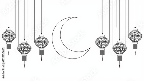 A serene symmetrical arrangement of hanging lanterns and a crescent moon depicted in minimal black and white line art vector illustration