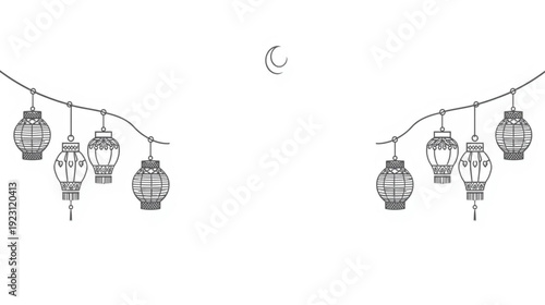Hanging lanterns and crescent moon in balanced composition, pure black outline, vector illustration