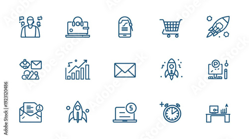 A set of simple line art vector icons representing various business and technology concepts in a minimal flat design style from a straightforward viewpoint