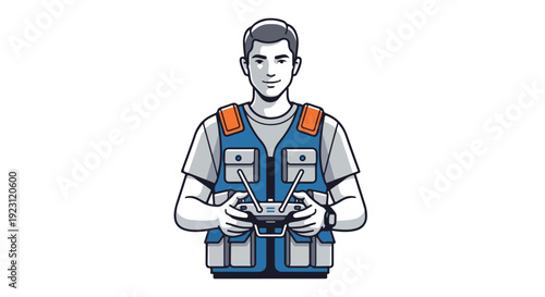 Illustration of a man wearing a blue and orange safety vest holding a remote control device on a white background.