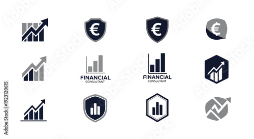 Collection of various financial and business icons on a white background with shades of gray and blue.