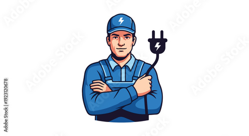 Illustration of a confident electrician standing with arms crossed, holding a plug against a clean white background.