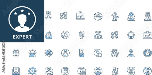 Expert and Leadership Line Icon Set with Professional Skills Business Management Career Development and Authority Symbols