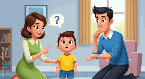 Family Discussing with Confused Young Boy.